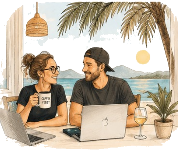 Wir beide bei der Arbeit – irgendwo mit WLAN und Meerblick